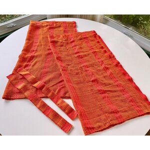 Vintage 70s curtains, red, orange, yellow sheer woven panels, tiebacks, pair